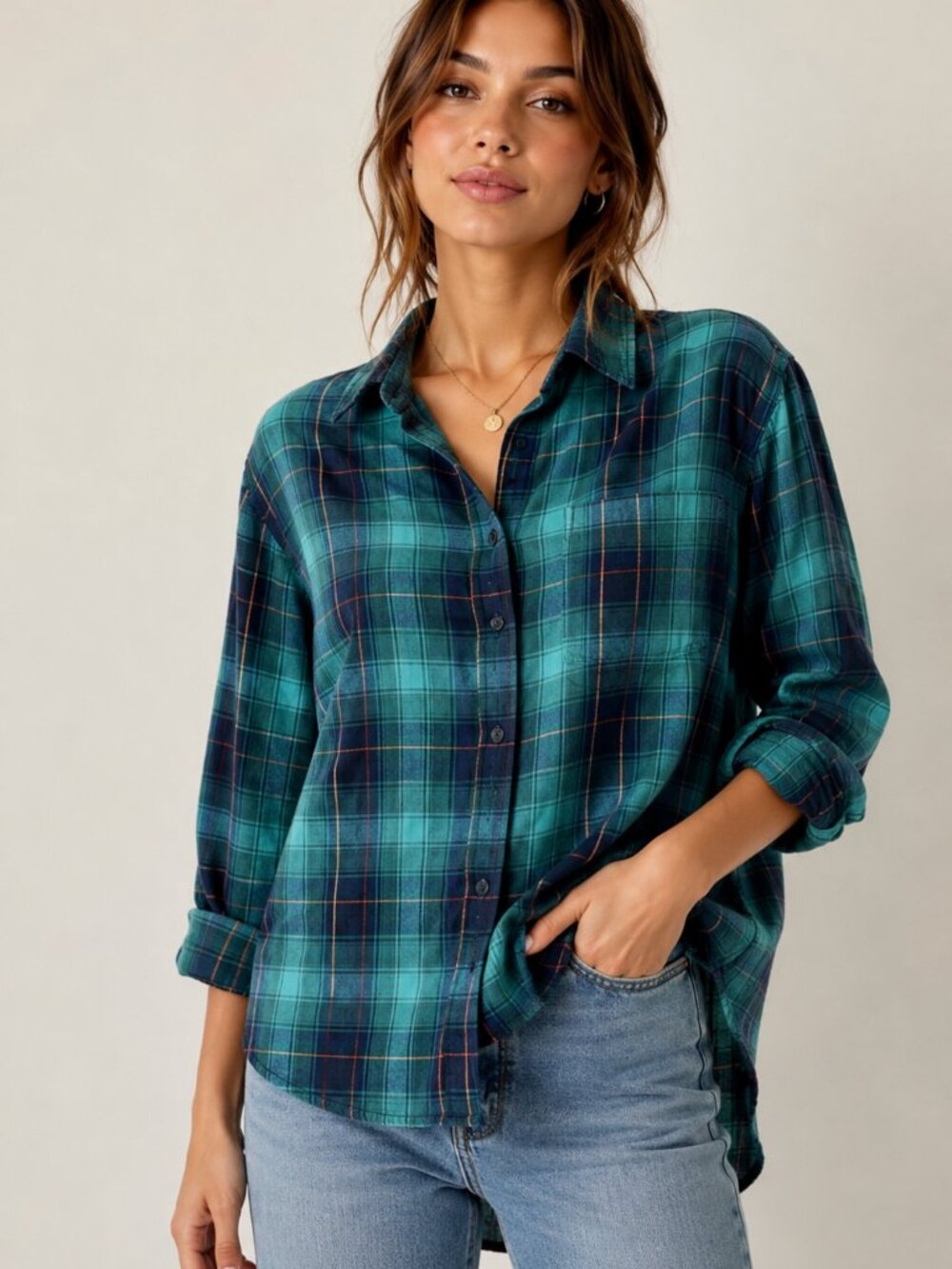 Green & Black Plaid Button-Up Shirt